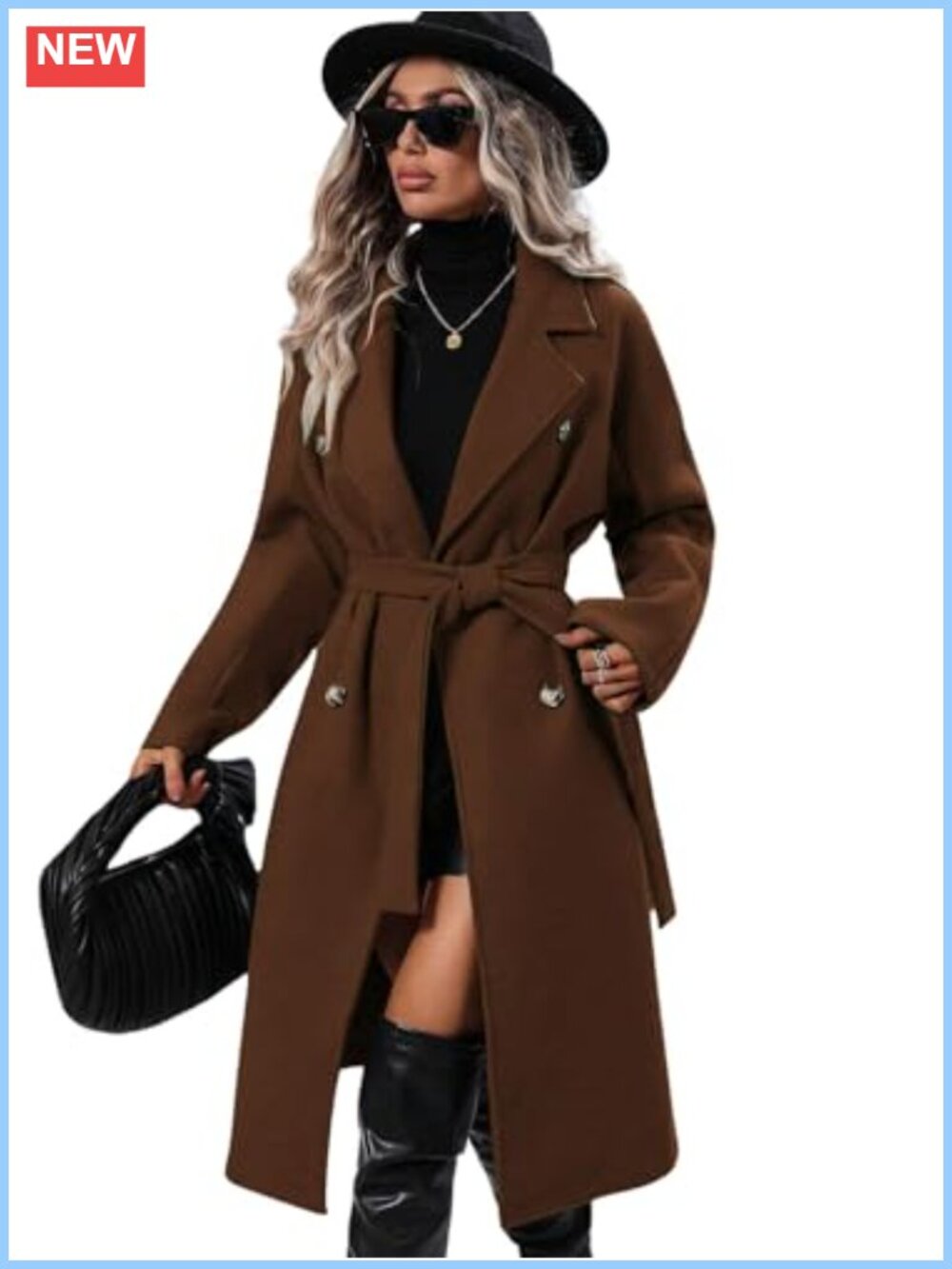 Women's Long Wool Pea Coat Notched Lapel Double Breasted Belted Trench Overcoat